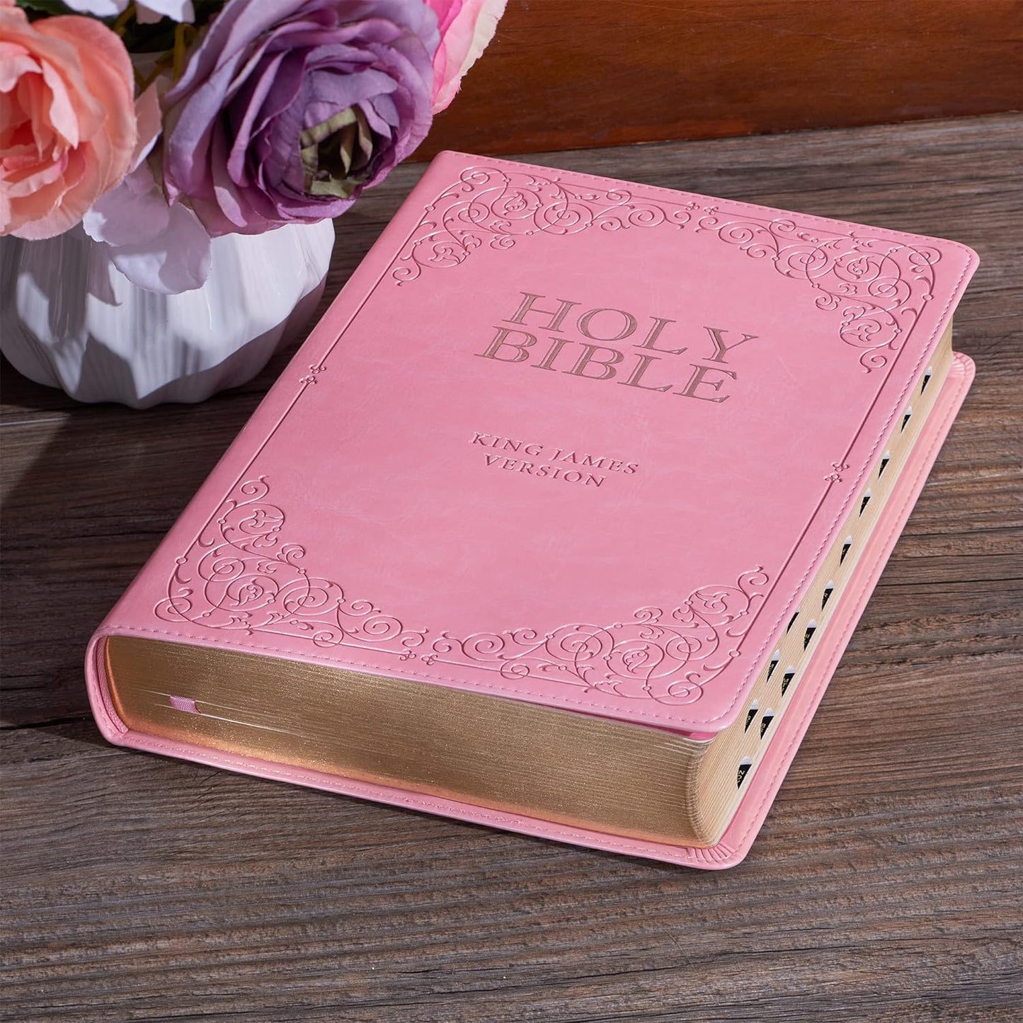 KJV Holy Bible, Giant Print Full-Size Faux Leather Red Letter Edition - Thumb Index & Ribbon Marker, King James Version, Pink