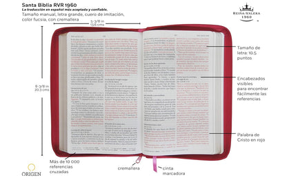 Santa Biblia 1960 Letra Grande. Símil Piel Fucsia, Cremallera, Tamaño Manual / Spanish Holy Bible RVR 1960. Handy Size, Large Print, Leathersoft, Zipp