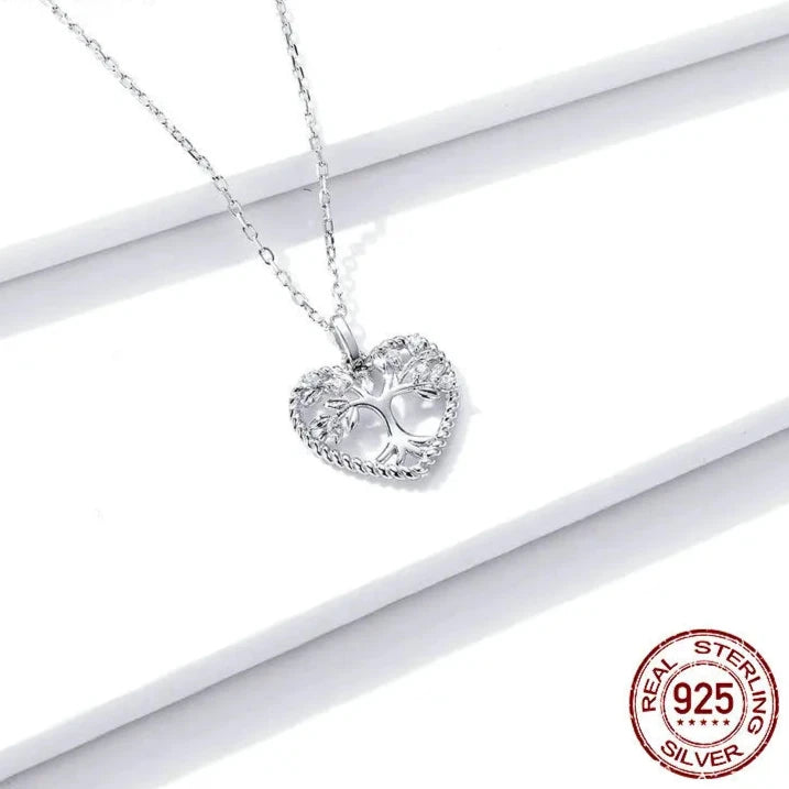 Tree of Life Heart .925 Sterling Silver + Plated platinum CZ Pendant Necklace