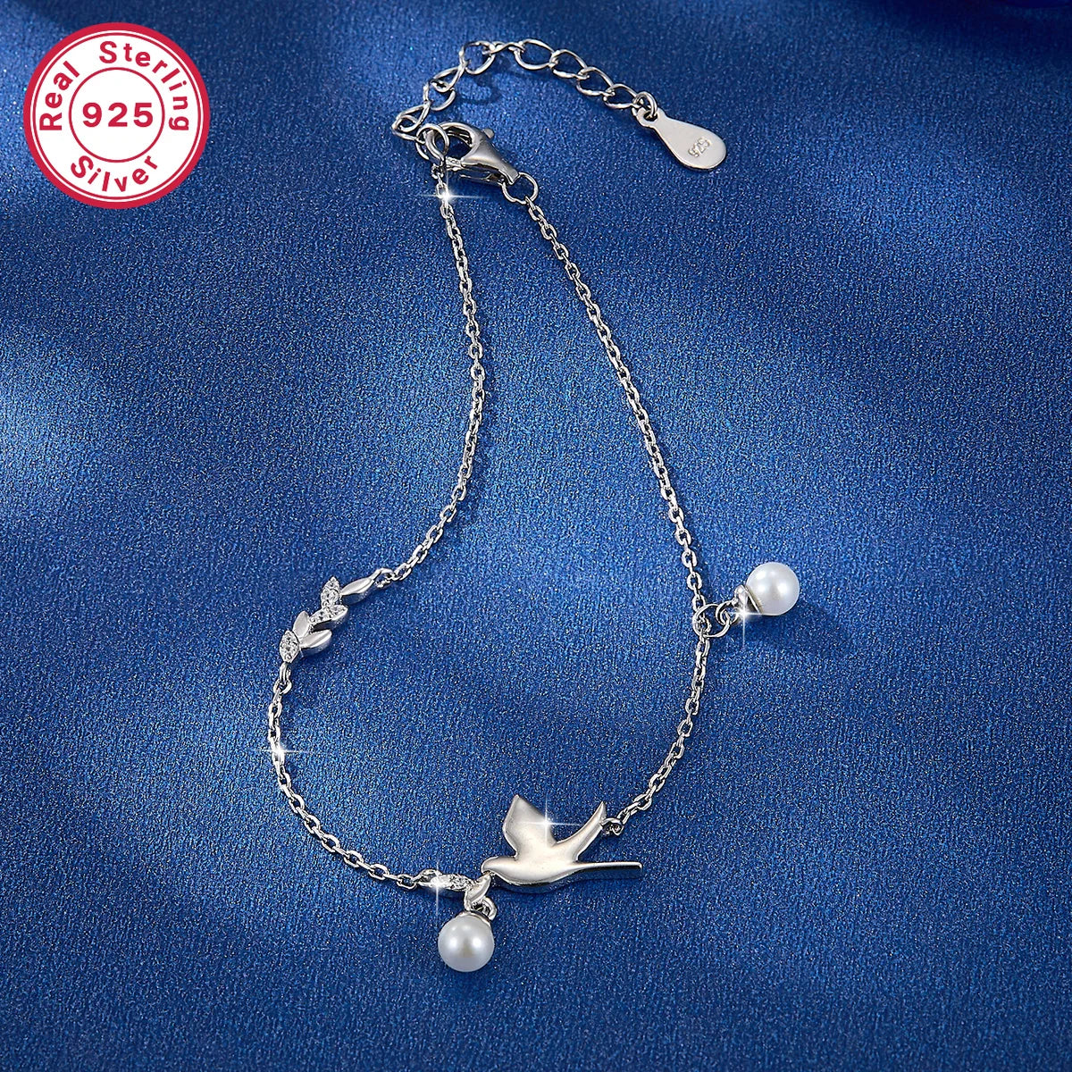 Dainty Freshwater Pearl Peace Dove Bracelet .925 Sterling Silver