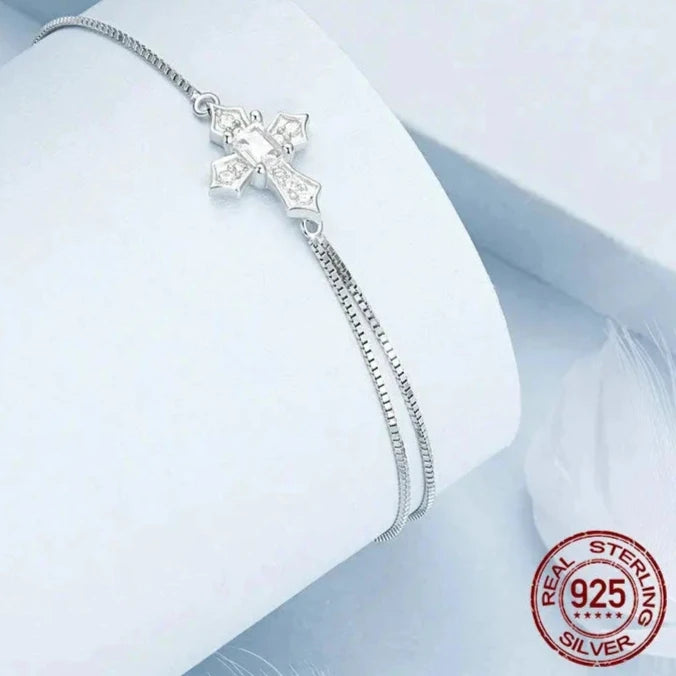 .925 Sterling Silver Dainty Cross Bracelet Plated White Gold Plating