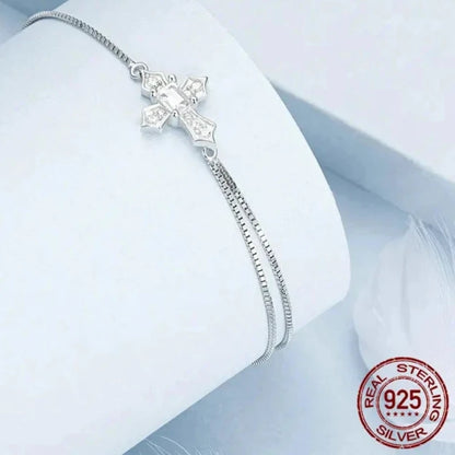 .925 Sterling Silver Dainty Cross Bracelet Plated White Gold Plating