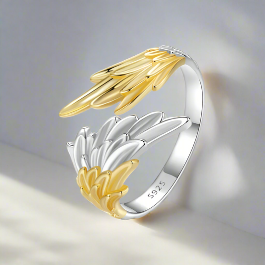 925 Sterling Silver 14K Gold Plated Angel Wing Ring