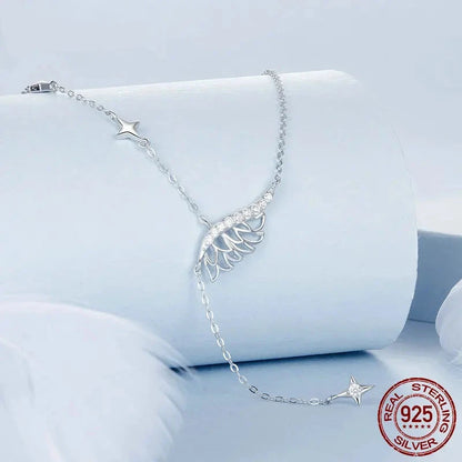 Angel Wing and Stars Necklace in .925 Sterling Silver with White Gold Plating