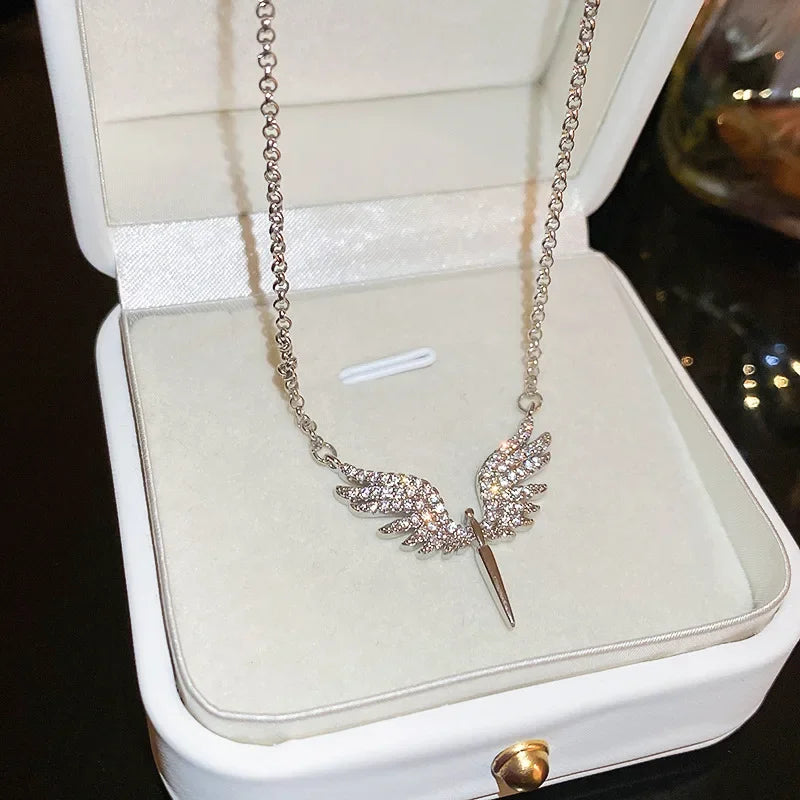 CZ Angel Wings Pendant Necklaces Silver Plated