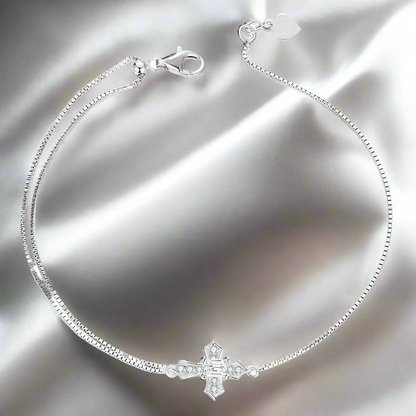 .925 Sterling Silver Dainty Cross Bracelet Plated White Gold Plating