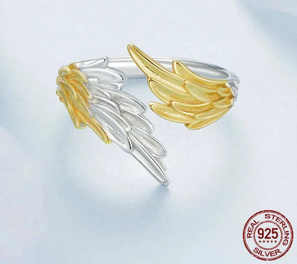 925 Sterling Silver 14K Gold Plated Angel Wing Ring