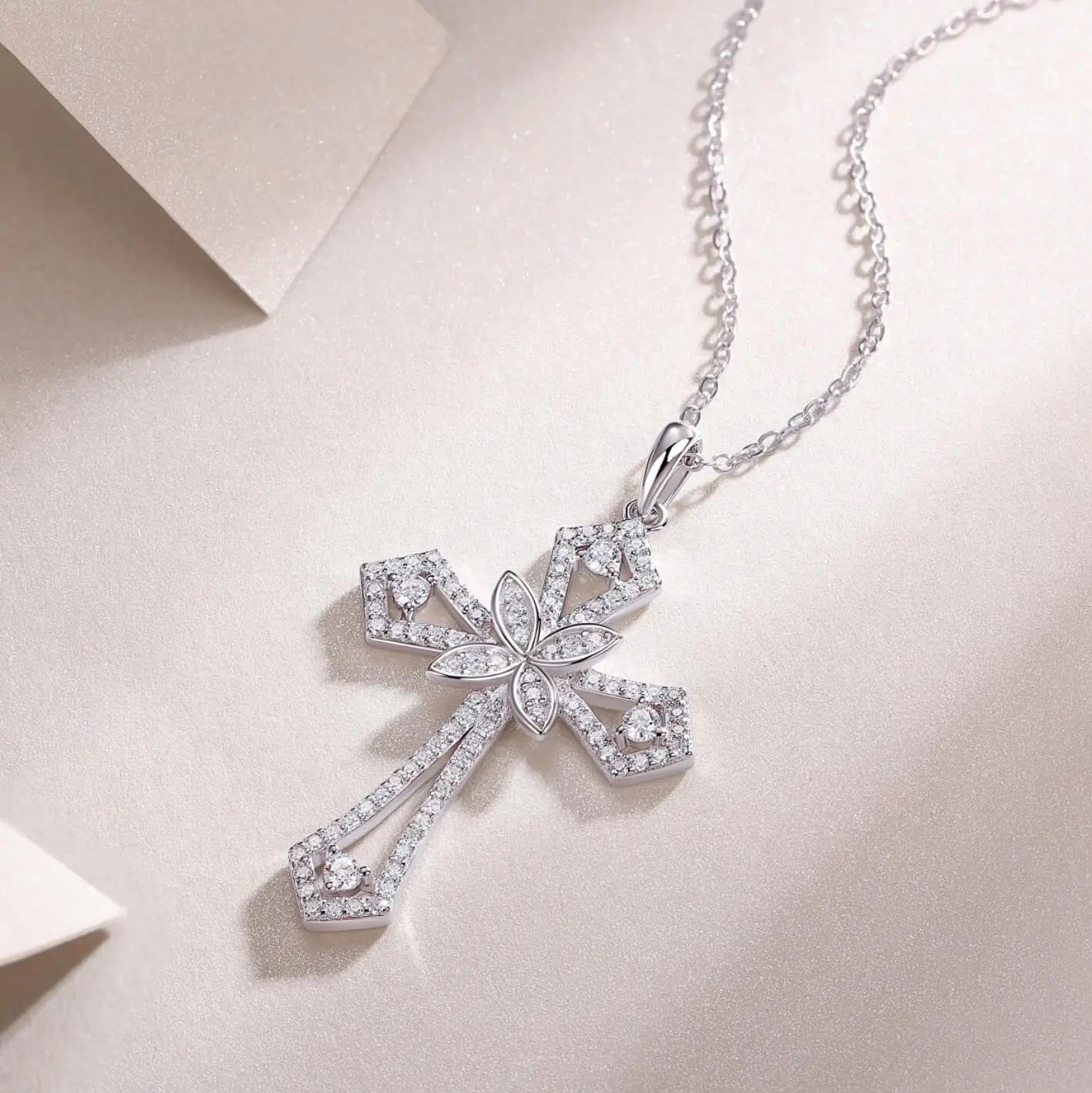 Moissanite Curved Cross Pendant Necklace VVS Moissanite, 925 sterling sliver plated 18k gold