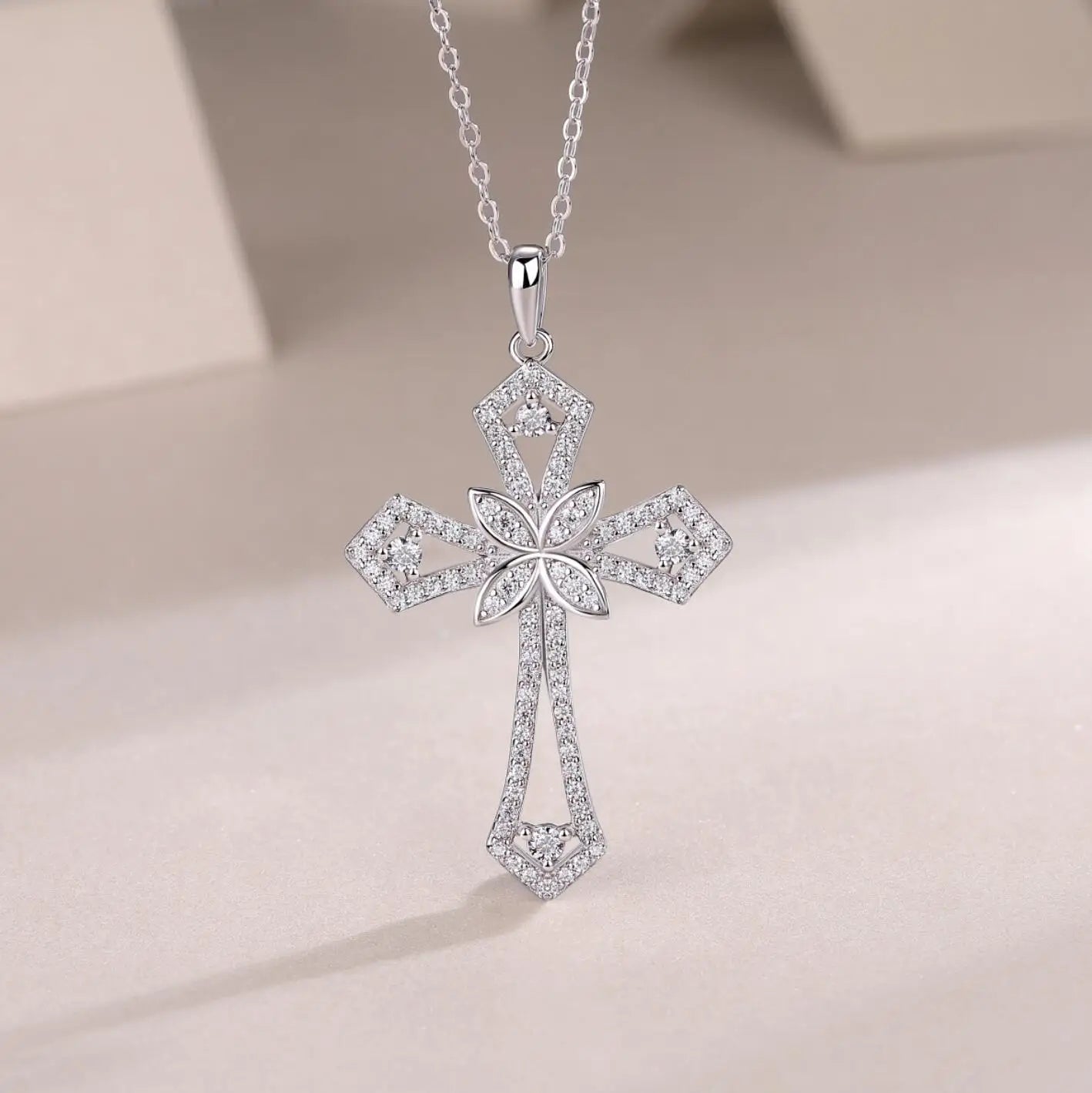 Moissanite Curved Cross Pendant Necklace VVS Moissanite, 925 sterling sliver plated 18k gold