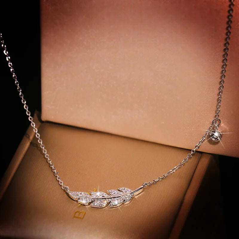 Feather Leaf Micro Pave Necklace Sterling Silver .925