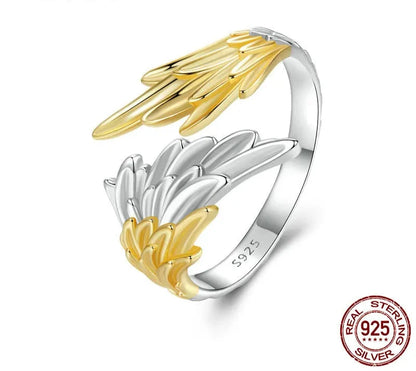 925 Sterling Silver 14K Gold Plated Angel Wing Ring