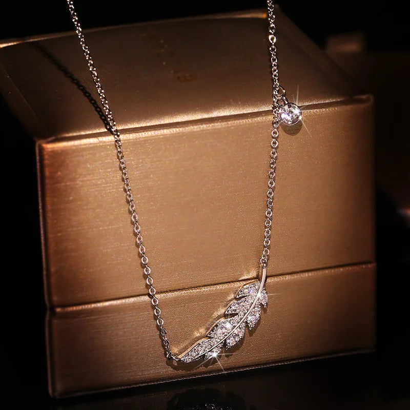 Feather Leaf Micro Pave Necklace Sterling Silver .925