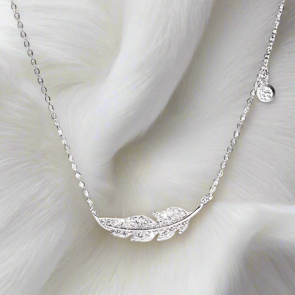 Feather Leaf Micro Pave Necklace Sterling Silver .925