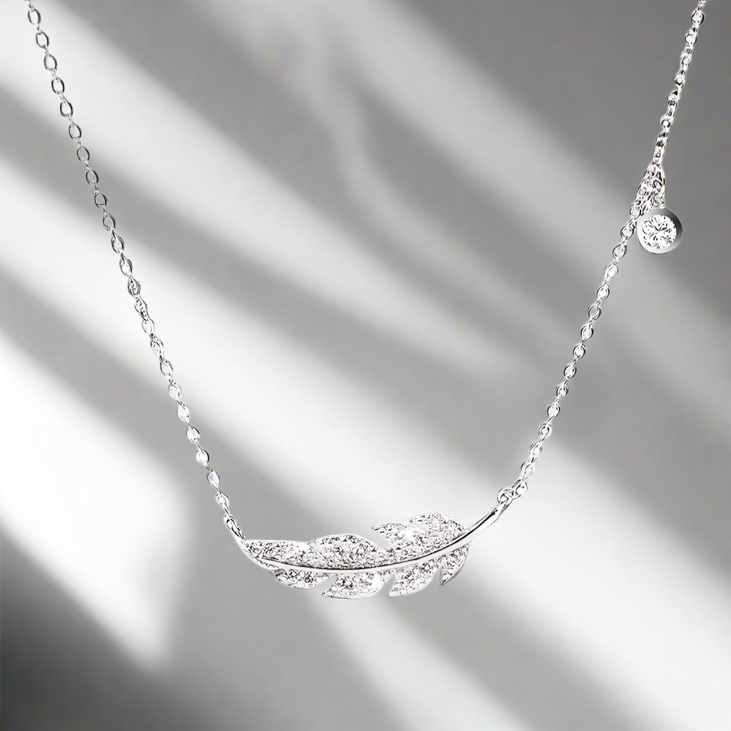 Feather Leaf Micro Pave Necklace Sterling Silver .925