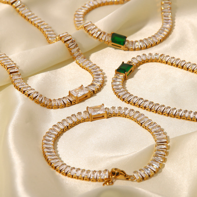 Chic Square Green Zircon Bracelet Necklace Set
