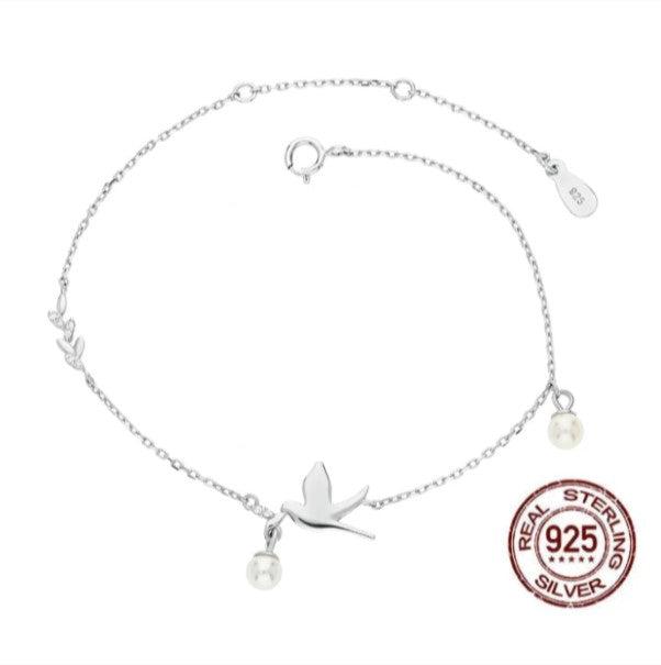 Dainty Freshwater Pearl Peace Dove Bracelet .925 Sterling Silver