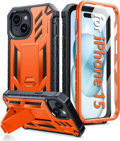 FNTCASE for Iphone 15 Phone Case: Military Grade Shockproof Full Protection Hard Phonecase with Kickstand - Dual Layer Matte Textured Drop Proof Rugged Protective Cover - 6.1 Inch Black