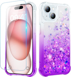 Ruky for Iphone 15 Case, with Screen Protector Glitter Sparkle Flowing Quicksand Waterfall Flexible Soft TPU Protective Women Girls Phone Case for Iphone 15 6.1 Inches, Gradient Pink