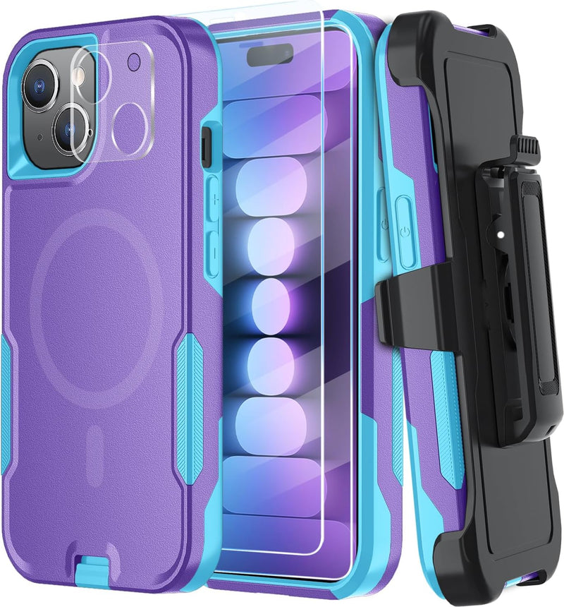 CONWOE Magnetic for Iphone 15 Case with Belt-Clip,10Ft Military Grade Drop Protection,[2X Glass Screen Protector+1X Lens Protective],Slim Heavy Duty Shockproof Phone Case (Purple)