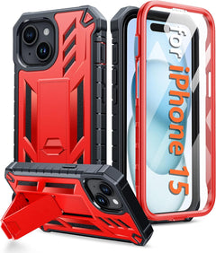 FNTCASE for Iphone 15 Phone Case: Military Grade Shockproof Full Protection Hard Phonecase with Kickstand - Dual Layer Matte Textured Drop Proof Rugged Protective Cover - 6.1 Inch Black
