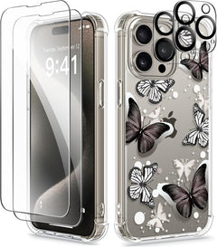 GVIEWIN for Iphone 15 Pro Max Case Floral,With 2X Screen Protector & 2X Camera Lens Protector, Hard PC + TPU Bumper Shockproof Protective Clear Flower Women Phone Cover 6.7"(Cherry Blossoms/Purple)