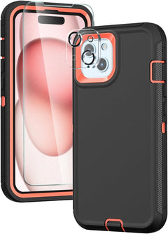 Danhon for Iphone 15 (6.1") Heavy Duty Case【 Tempered Screen Protector +  Camera Lens Protector】 Layer Rugged Military Grade Shockproof/Drop/Dust Proof Protection Phone Case-Wine Red Pink