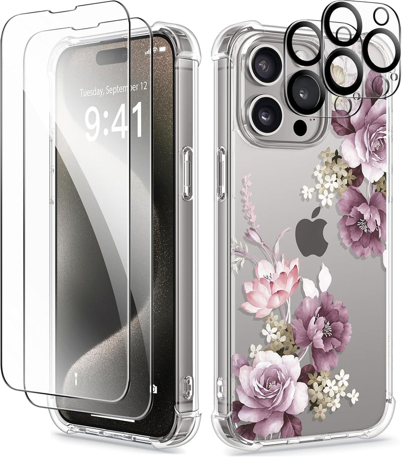 GVIEWIN for Iphone 15 Pro Max Case Floral,With 2X Screen Protector & 2X Camera Lens Protector, Hard PC + TPU Bumper Shockproof Protective Clear Flower Women Phone Cover 6.7