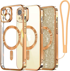 Meifigno Candy Mag Series Case Designed for Iphone 15 Pro, [Compatible with Magsafe] [Glitter Card & Wrist Strap] Full Camera Lens Protection Designed for Iphone 15 Pro Case Women Girls, Rose Gold