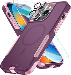 Sunremex Magnetic for Iphone 15 Pro Max Case with Camera Lens Protector & Tempered Glass Screen Protector, Magsafe Heavy-Duty Iphone 15 Pro Max Phone Case (Winered Pink)