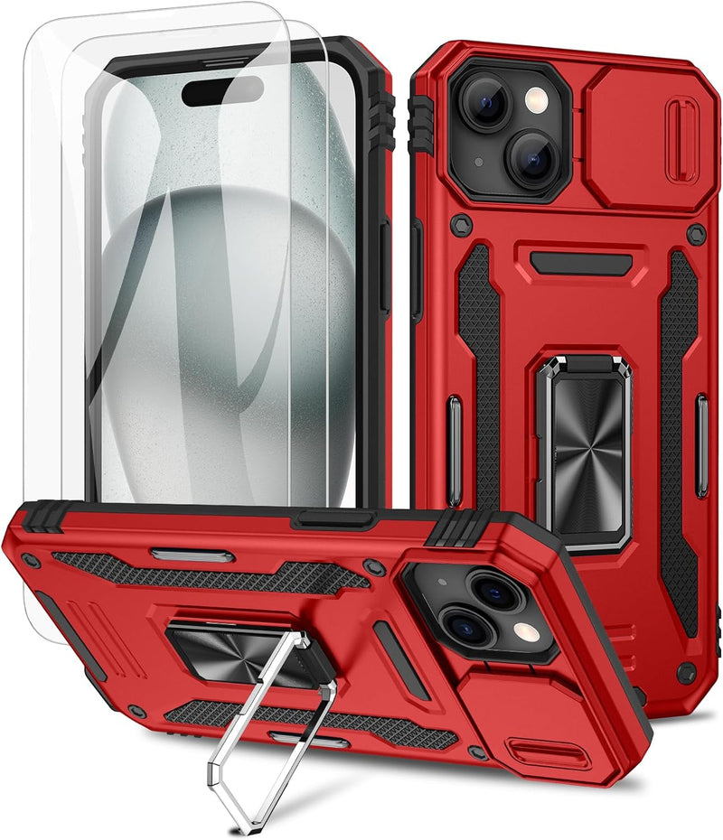 Maxdara for Iphone 15 Slide Camera Cover Case with Screen Protector, with Built-In 360°Rotate Ring Stand Magnetic Car Mount Cover Case for Iphone 15 6.1 Inch, Red