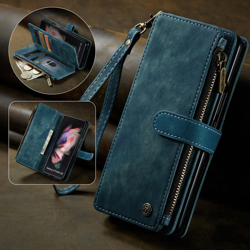 For Samsung Galaxy Z Fold5/4 Fold 3 5G Magnetic Leather Zipper Case Stand Cover