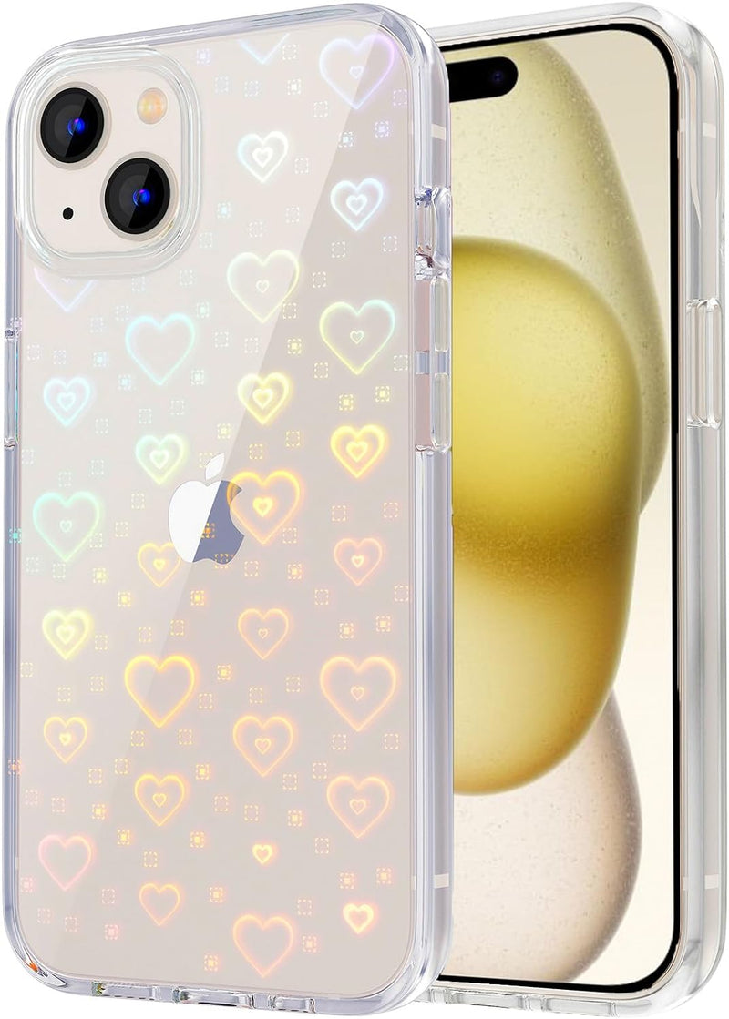 Tksafy Case Compatible Iphone 15 Case, Clear Glitter Cute Laser Holographic Love Heart Pattern for Women Girls, Anti-Yellow Hard PC Protective Phone Cover for Iphone 15 6.1-Inch 2023, Rainbow Heart