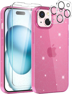 KSWOUS Glitter Case for Iphone 15 6.1", with Screen Protector [2 Pack] + Camera Lens Protector [2 Pack], Cute Clear Bling Sparkly Protective Slim Soft Shockproof Cover Women Girls Phone Case