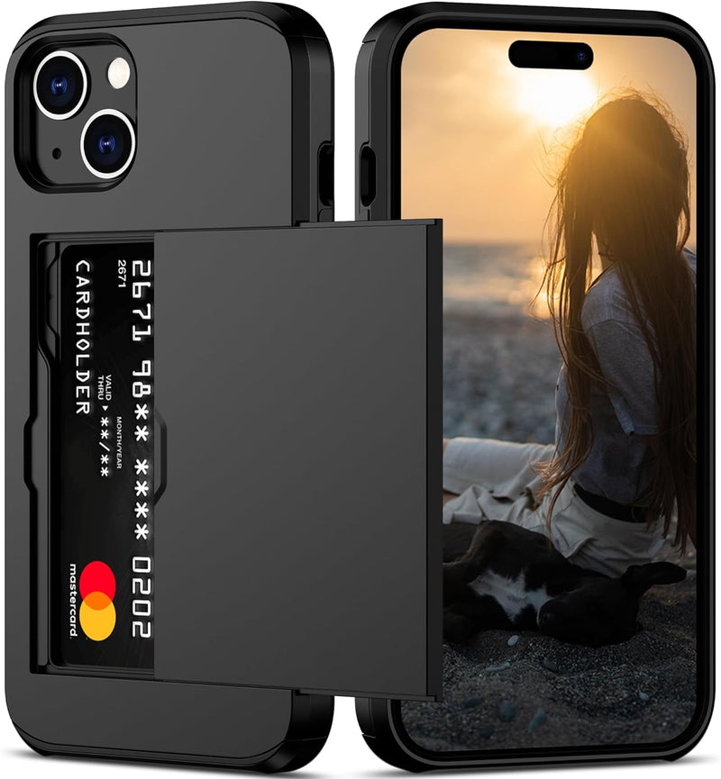 Nvollnoe Compatible with Iphone 15 Case with Card Holder Heavy Duty Protective Dual Layer Shockproof Hidden Card Slot Slim Wallet Phone Cover for Women&Men 6.1 Inch(Black)
