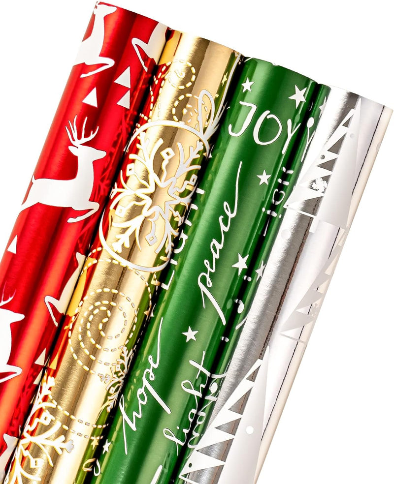 WRAPAHOLIC Christmas Wrapping Paper Roll - Red Green Gold and Silver Snowflakes Trees Holiday Collection with Metallic Foil Shine - 4 Rolls - 30 Inch X 120 Inch per Roll