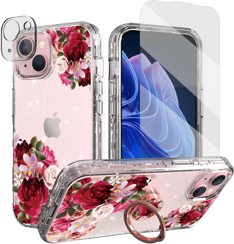 ACKETBOX for Iphone 15 Case with Screen Protector & Camera Lens Protector + Ring Bracket，Sparkly Bling Design for Women and Girls Full Body Protective Phone Case for Iphone 15 (Flower-01)