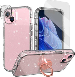 ACKETBOX for Iphone 15 Case with Screen Protector & Camera Lens Protector + Ring Bracket，Sparkly Bling Design for Women and Girls Full Body Protective Phone Case for Iphone 15 (Flower-01)
