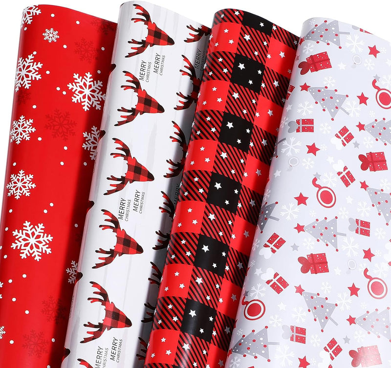 Ulmasinn Christmas Wrapping Paper Holiday Woodland Gift Scene with Christmas Tree, Snowflakes, Plaid, Reindeer, Flat  Sheets 
