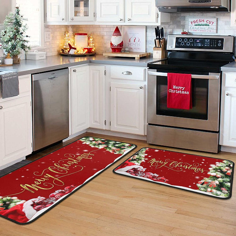 Christmas Kitchen Rugs 2 PCS, Merry Christmas Kitchen Rug, Non Skid Washable Padded Soft Comfort Kitchen Rugs Set (17