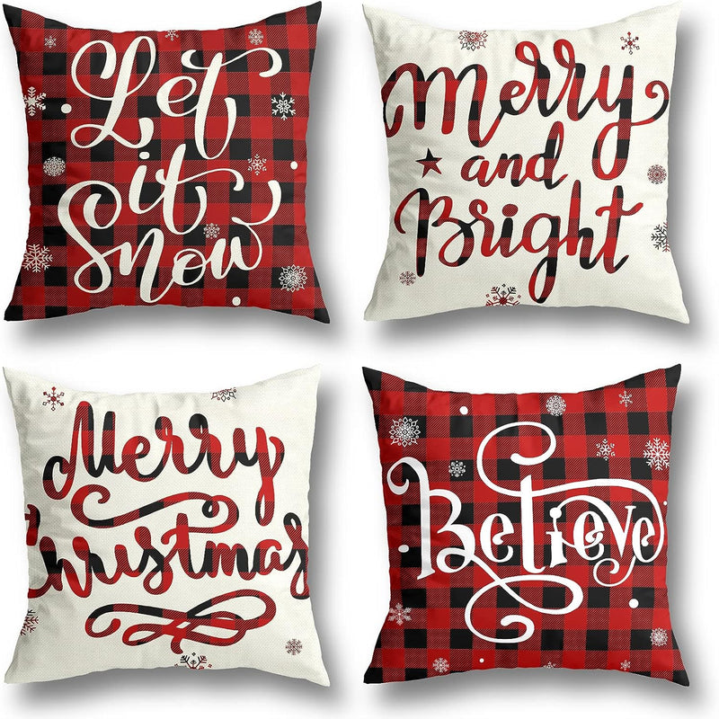 Christmas Decorations Christmas Pillow Covers Set of 4 Farmhouse Buffalo Plaid Black and Red Throw Pillow Case Winter Holiday Christmas Decor Home Sofa Couch Cushion Indoor Decorations