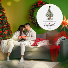 Our First Christmas Engaged Ornament 2023,Just Engaged Gifts for Couple, Ceramic Keepsake Engagement Ornaments 2023 with Ribbon and Gift Box