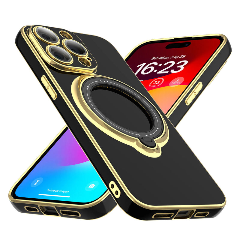 For Iphone 15 Pro Max Plating Slim Case Mag Safe Lens Full Cover ,Tempered Glass