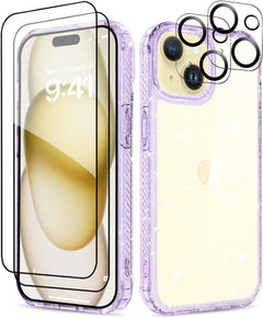 MIODIK Compatible with Iphone 15 Case with  Screen Protectors +  Camera Lens Protectors, [Not Yellowing] Clear Glitter Phone Case, Protective Shockproof Women Cover for 6.1 Inch - Sparkle Clear