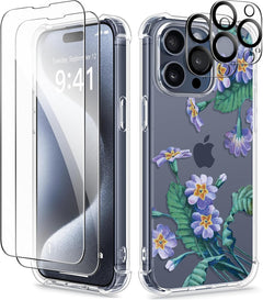GVIEWIN for Iphone 15 Pro Max Case Floral,With 2X Screen Protector & 2X Camera Lens Protector, Hard PC + TPU Bumper Shockproof Protective Clear Flower Women Phone Cover 6.7"(Cherry Blossoms/Purple)