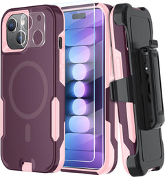 CONWOE Magnetic for Iphone 15 Case with Belt-Clip,10Ft Military Grade Drop Protection,[2X Glass Screen Protector+1X Lens Protective],Slim Heavy Duty Shockproof Phone Case (Purple)