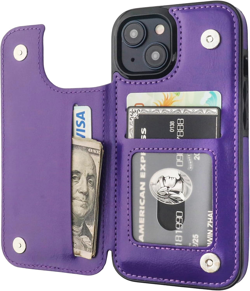 Onetop Compatible with Iphone 15 Wallet Case with Card Holder, PU Leather Kickstand Card Slots Case, Double Magnetic Clasp and Durable Shockproof Cover 6.1 Inch (Purple)