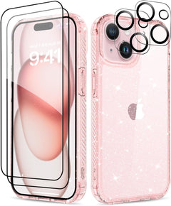 MIODIK Compatible with Iphone 15 Case with  Screen Protectors +  Camera Lens Protectors, [Not Yellowing] Clear Glitter Phone Case, Protective Shockproof Women Cover for 6.1 Inch - Sparkle Clear
