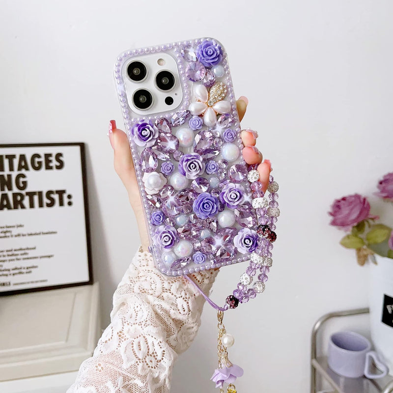 AMAZFCCY Rhinestone Case for Iphone 15 Pro Max 6.7'', Cute Luxury 3D Crystal Diamond Floral Pearl Shinny Bling Sparkle with Wrist Lanyard Strap Women Girl for Apple Iphone 15 Pro Max 2023 (Purple)