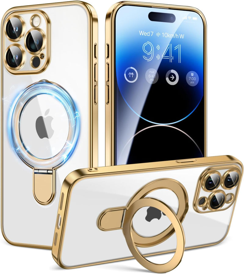 CAPRARO for Iphone 15 Pro Max Case with Magnetic Invisible Stand,[Compatible with Magsafe][Military Drop Protection] Shockproof Protective Slim Phone Case for Iphone 15 Pro Max 6.7'',Clear Gold
