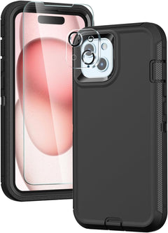 Danhon for Iphone 15 (6.1") Heavy Duty Case【 Tempered Screen Protector +  Camera Lens Protector】 Layer Rugged Military Grade Shockproof/Drop/Dust Proof Protection Phone Case-Wine Red Pink
